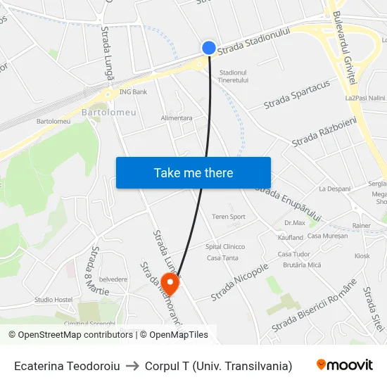 Ecaterina Teodoroiu to Corpul T (Univ. Transilvania) map