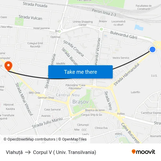 Vlahuță to Corpul V ( Univ. Transilvania) map