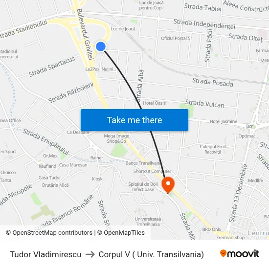 Tudor Vladimirescu to Corpul V ( Univ. Transilvania) map
