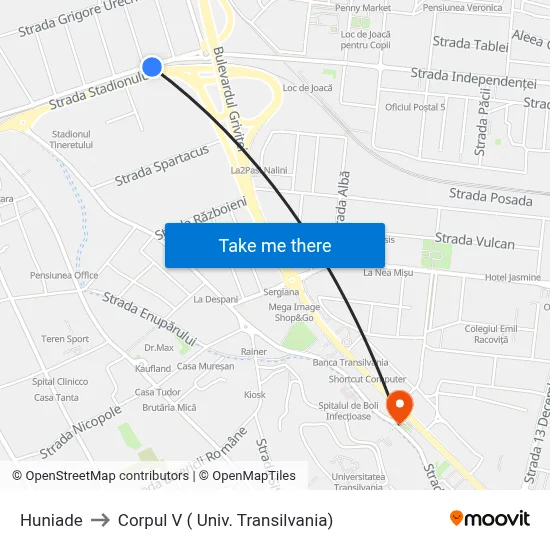 Huniade to Corpul V ( Univ. Transilvania) map