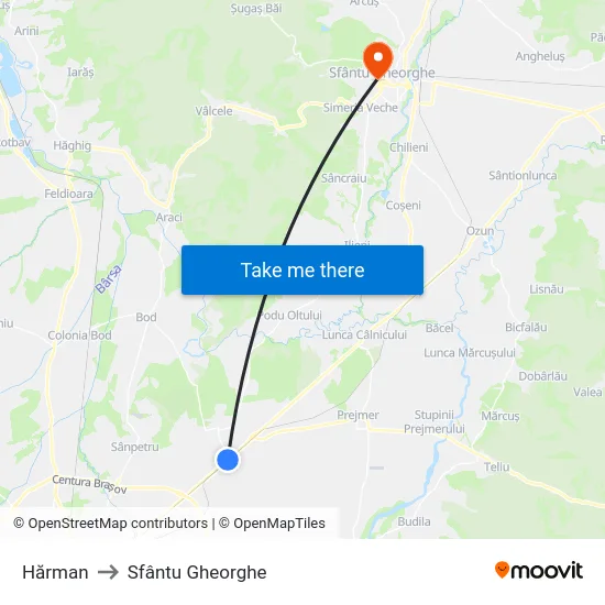 Hărman to Sfântu Gheorghe map