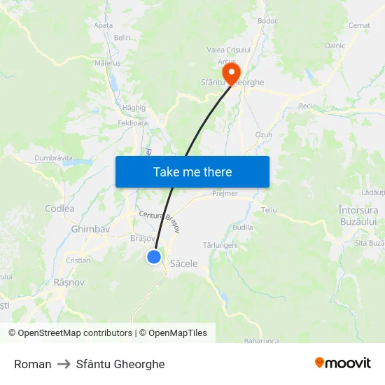 Roman to Sfântu Gheorghe map