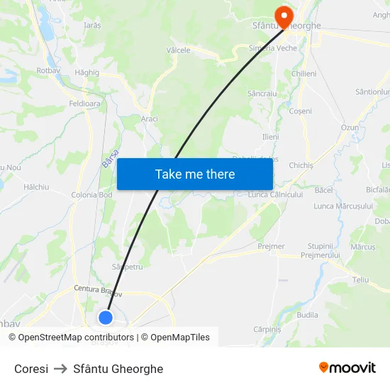 Coresi to Sfântu Gheorghe map