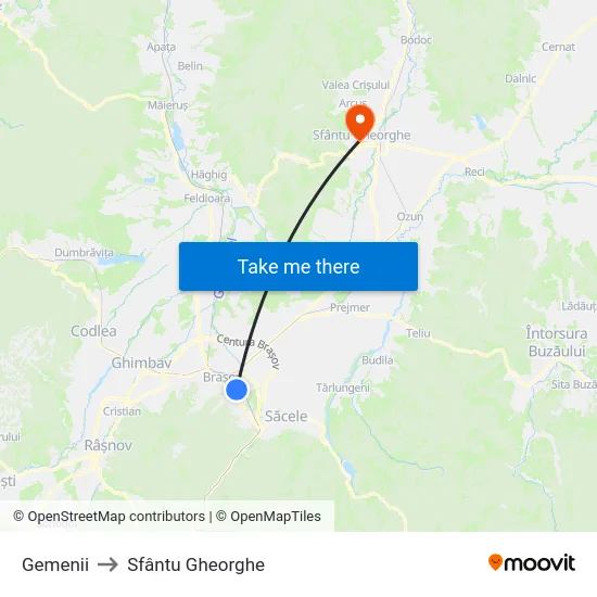 Gemenii to Sfântu Gheorghe map