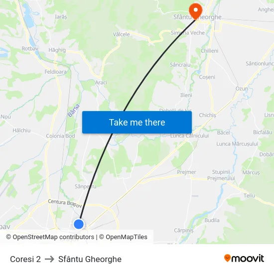 Coresi 2 to Sfântu Gheorghe map