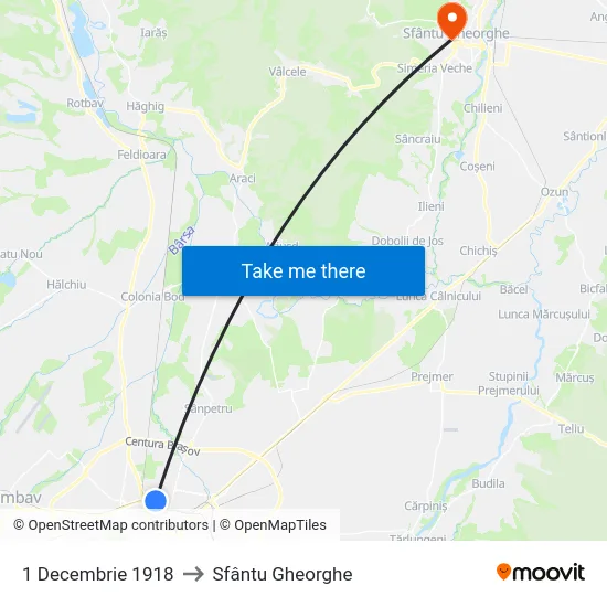 1 Decembrie 1918 to Sfântu Gheorghe map