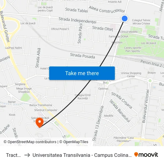 Tractorul to Universitatea Transilvania - Campus Colina Universității map
