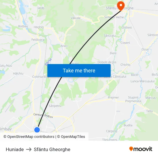 Huniade to Sfântu Gheorghe map