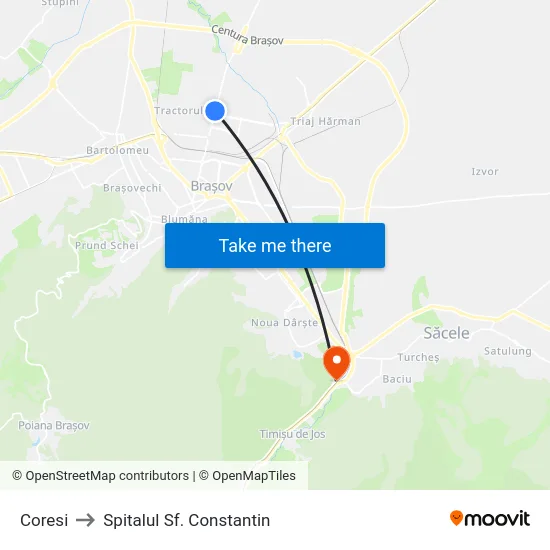 Coresi to Spitalul Sf. Constantin map