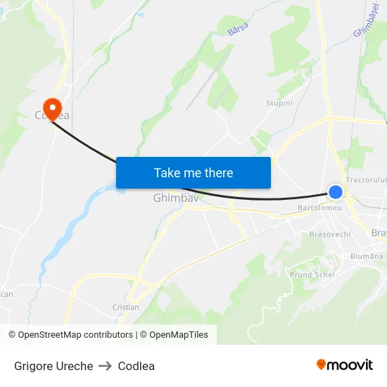 Grigore Ureche to Codlea map