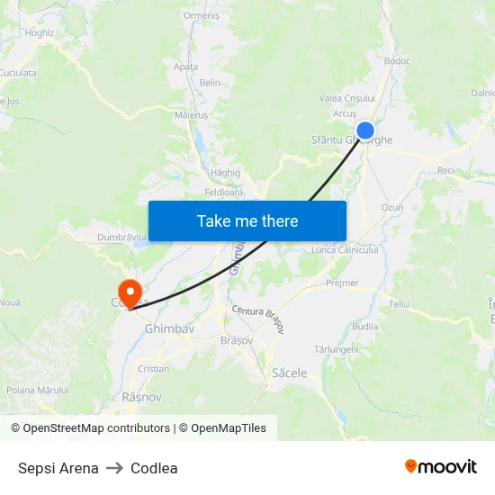 Sepsi Arena to Codlea map