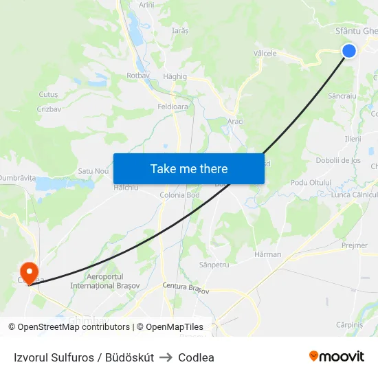 Izvorul Sulfuros / Büdöskút to Codlea map