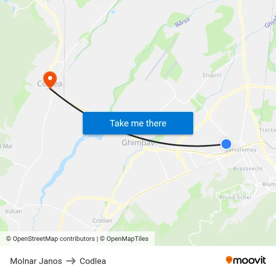 Molnar Janos to Codlea map