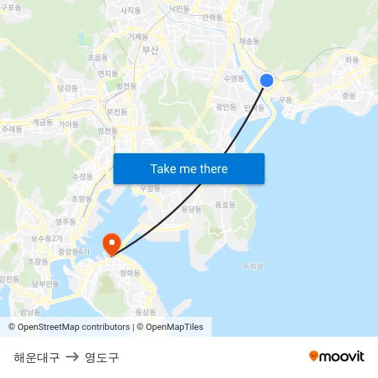 해운대구 to 영도구 map
