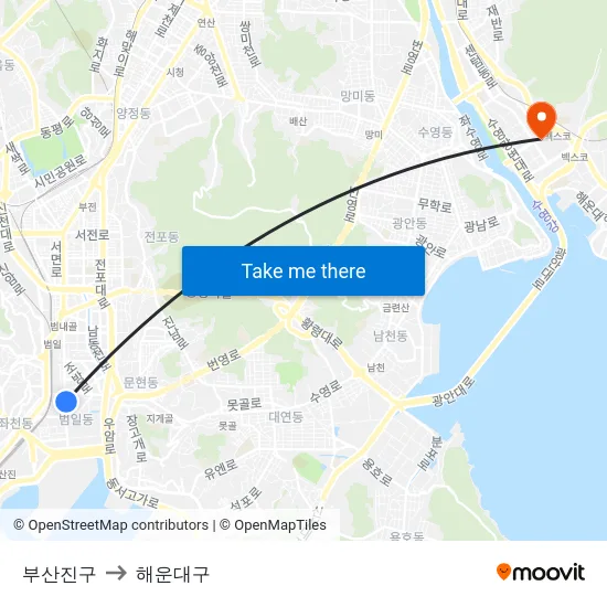 부산진구 to 해운대구 map
