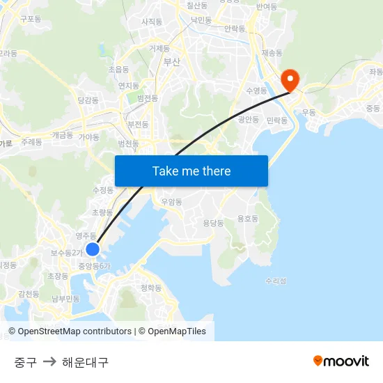 중구 to 해운대구 map