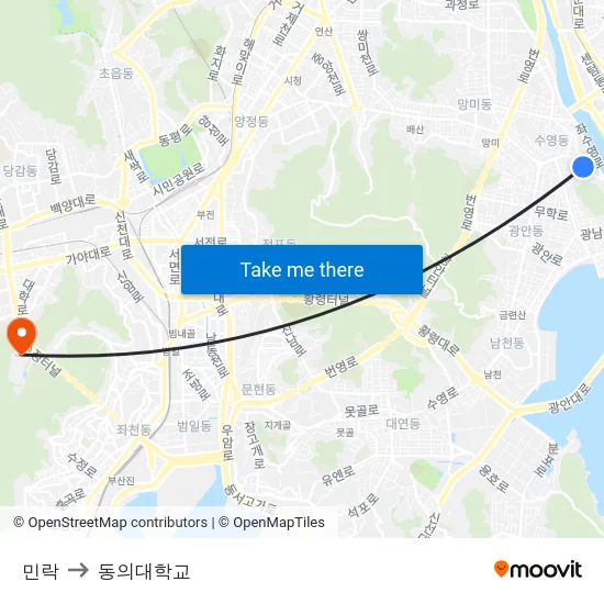 민락 to 동의대학교 map
