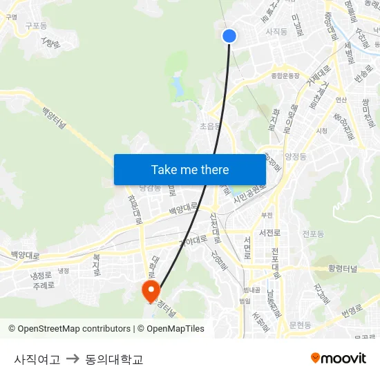 사직여고 to 동의대학교 map