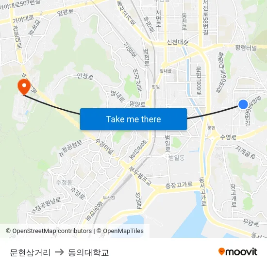 문현삼거리 to 동의대학교 map