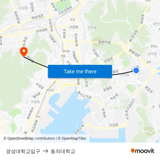 경성대학교입구 to 동의대학교 map