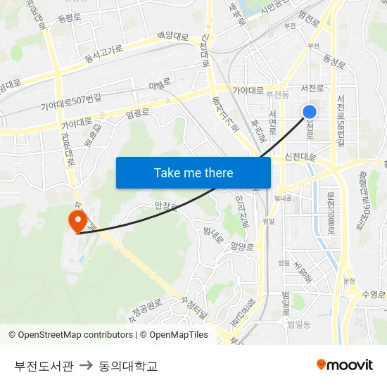 부전도서관 to 동의대학교 map
