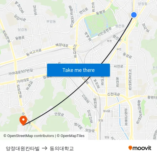 양정대원칸타빌 to 동의대학교 map