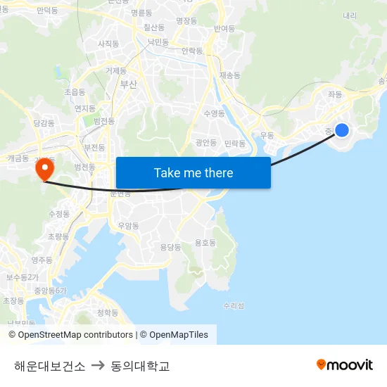 해운대보건소 to 동의대학교 map