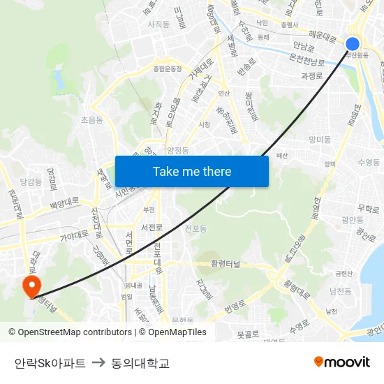 안락Sk아파트 to 동의대학교 map