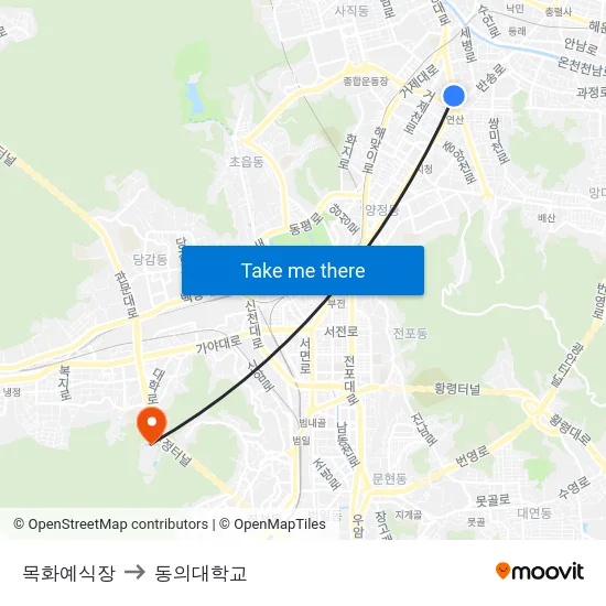 목화예식장 to 동의대학교 map