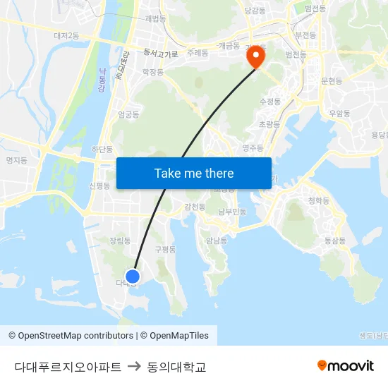 다대푸르지오아파트 to 동의대학교 map