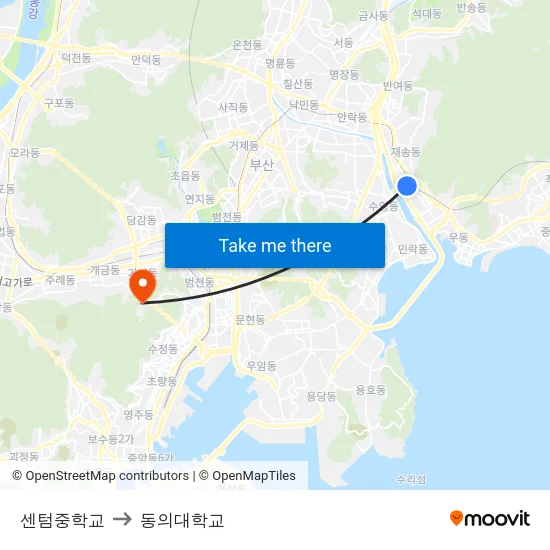 센텀중학교 to 동의대학교 map