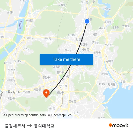 금정세무서 to 동의대학교 map