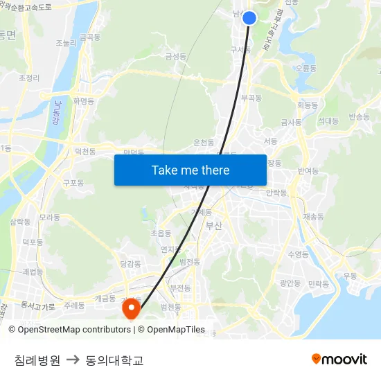 침례병원 to 동의대학교 map