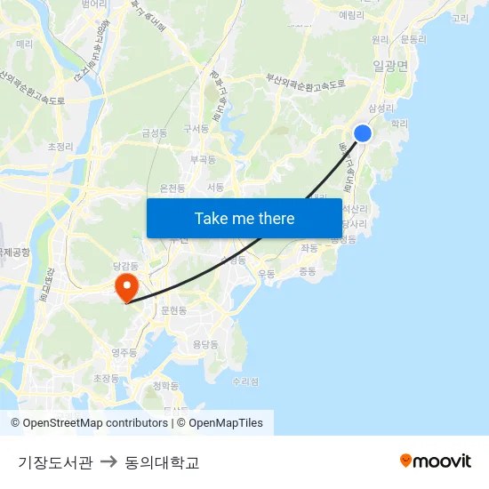 기장도서관 to 동의대학교 map