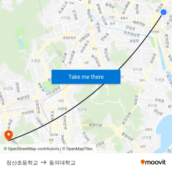 장산초등학교 to 동의대학교 map