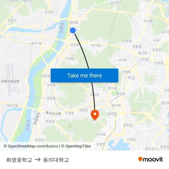 화명중학교 to 동의대학교 map