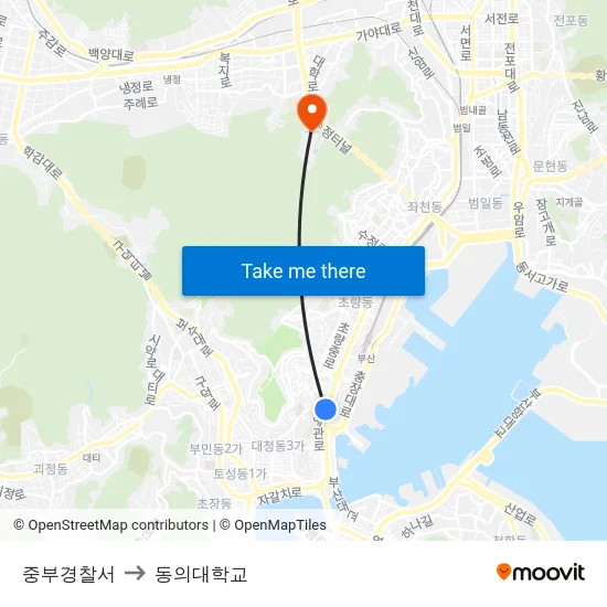 중부경찰서 to 동의대학교 map