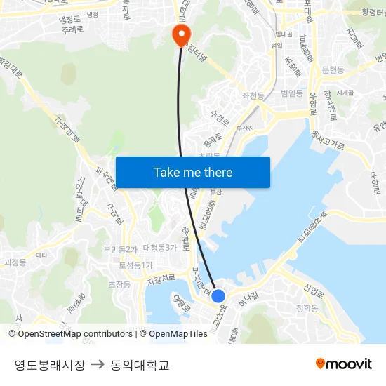 영도봉래시장 to 동의대학교 map