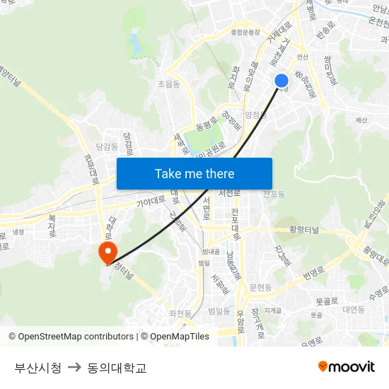 부산시청 to 동의대학교 map