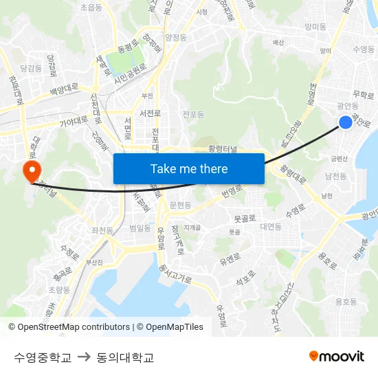 수영중학교 to 동의대학교 map
