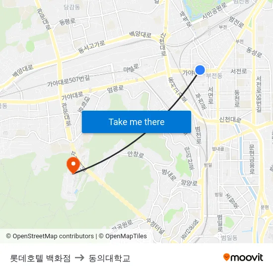 롯데호텔 백화점 to 동의대학교 map