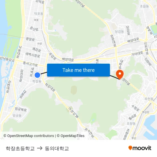 학장초등학교 to 동의대학교 map
