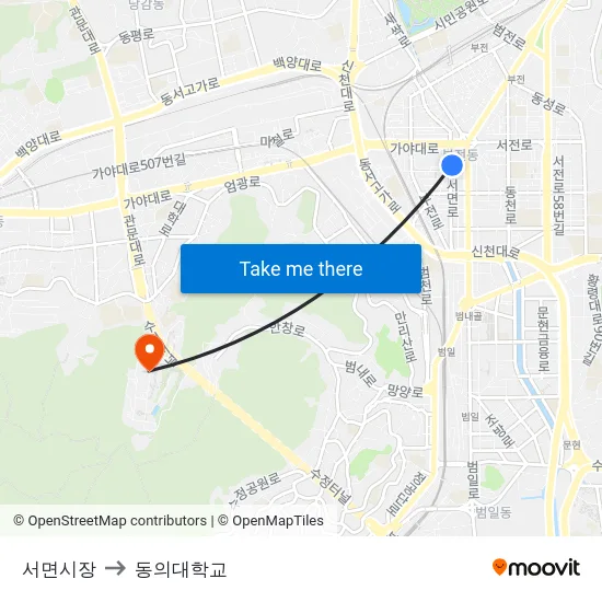 서면시장 to 동의대학교 map