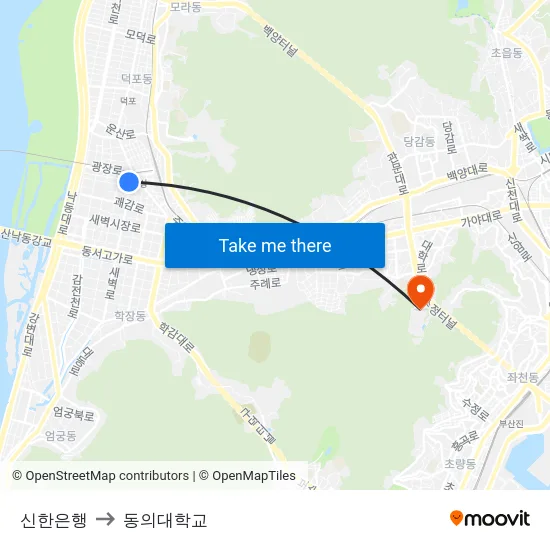 신한은행 to 동의대학교 map
