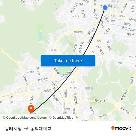 동래시장 to 동의대학교 map