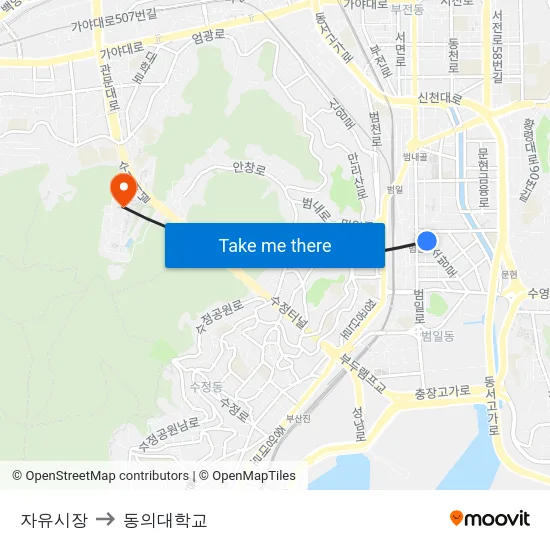 자유시장 to 동의대학교 map