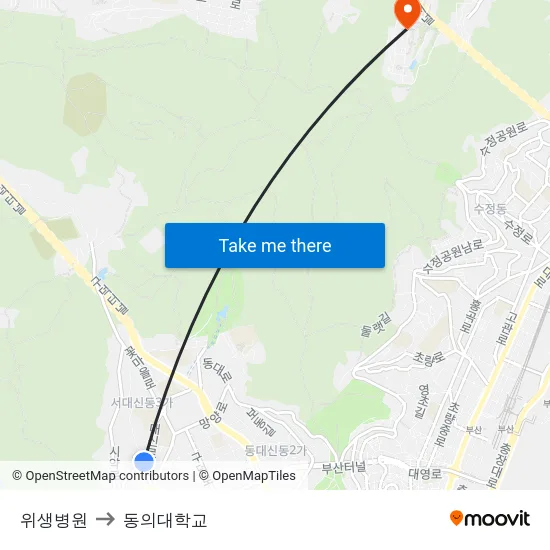 위생병원 to 동의대학교 map