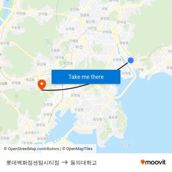 롯데백화점센텀시티점 to 동의대학교 map