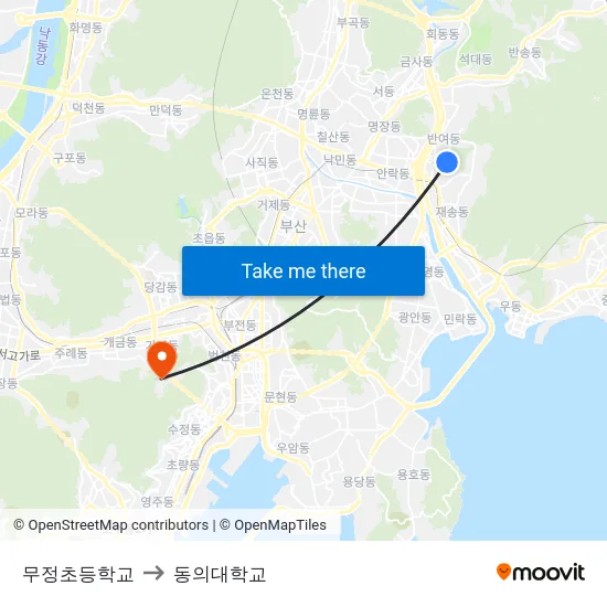 무정초등학교 to 동의대학교 map