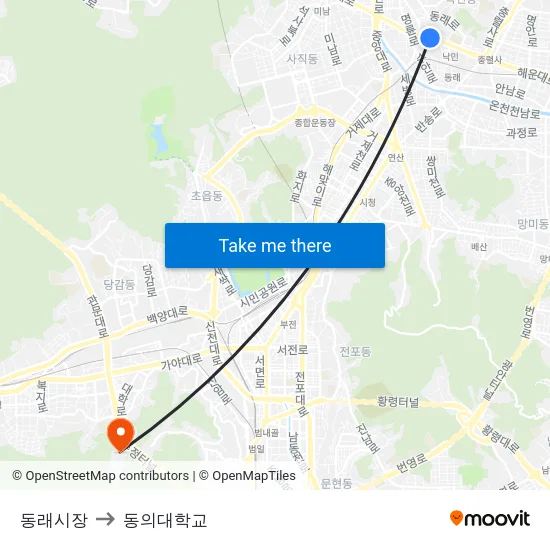 동래시장 to 동의대학교 map